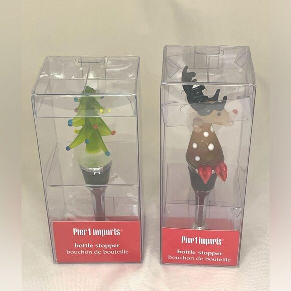 New Pier 1 Imports Hand Blown Glass Wine Bottle Stoppers Christmas Tree/Rudolph - Picture 1 of 10